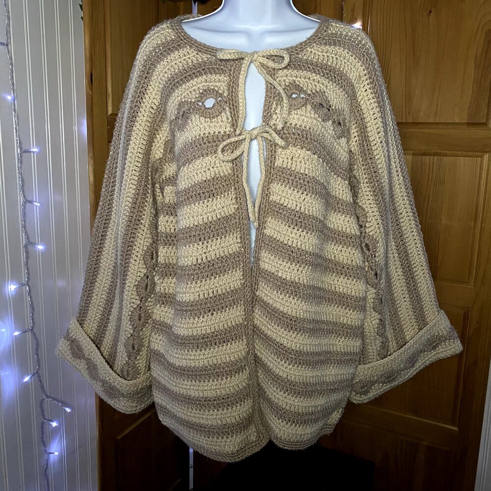 Hand-Knit Oversized Boho Crochet Cardigan with Flared Bell Sleeves & Bow Accents